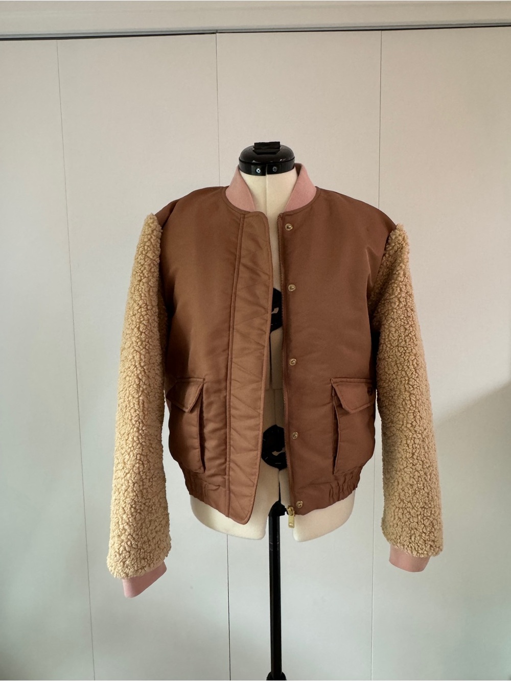 Scotch & Soda Bomber Jacket with Sherpa Sleeves and Pink Trim